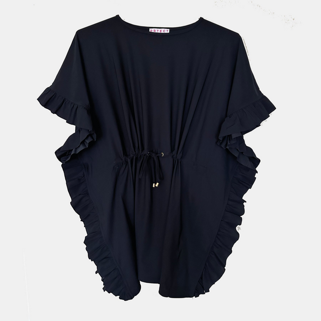 PRTECT black kid's ponza beach tunic with frilled ends and golden cord ends. Sun protection UPF 50+.