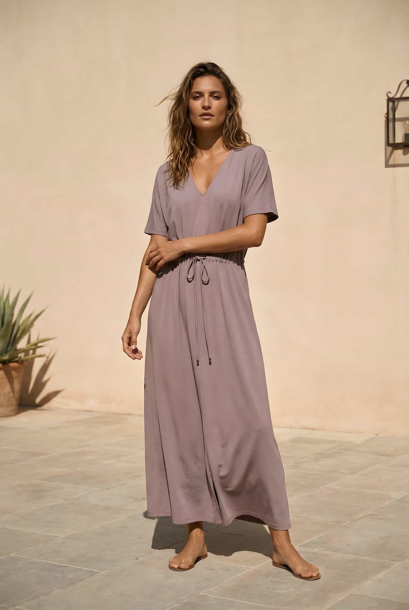 flowy desert dress THE AUDREY SMOCKED MIDI DRESS IN SAND  Pink Desert